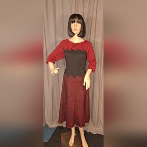 Perceptions Burgundy Red and Black Geometric 3/4 Sleeve Midi Dress Size 8